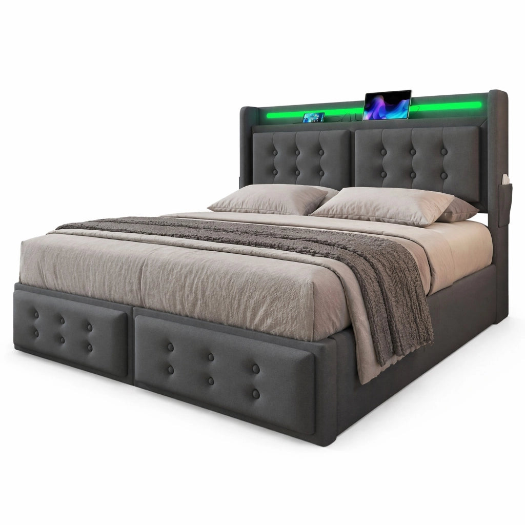 Letto matrimoniale 160x200 cm con contenitore; testiera con prese e USB; LED; grigio