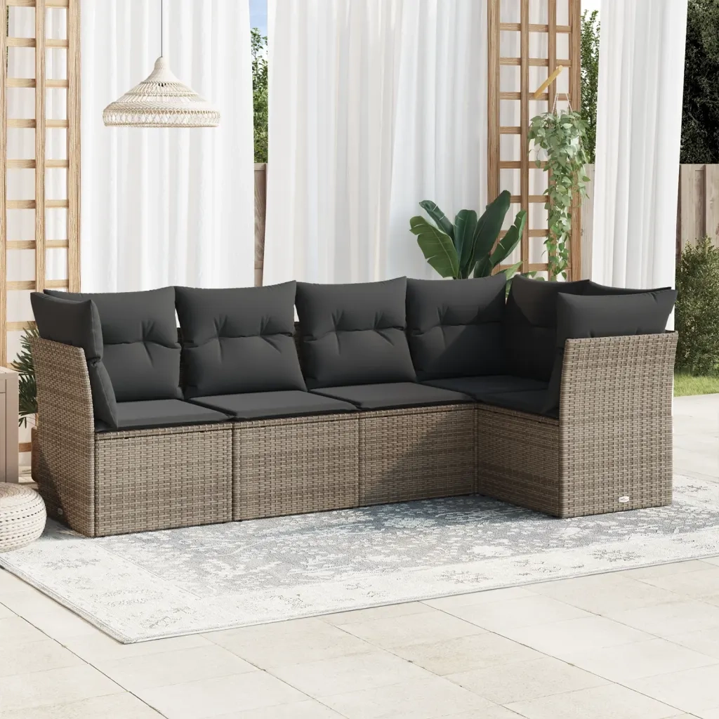 Set Divano da Giardino 5 pz con Cuscini-Sofa da Giardino-Divanetto da esterno Grigio in Polyrattan 748793