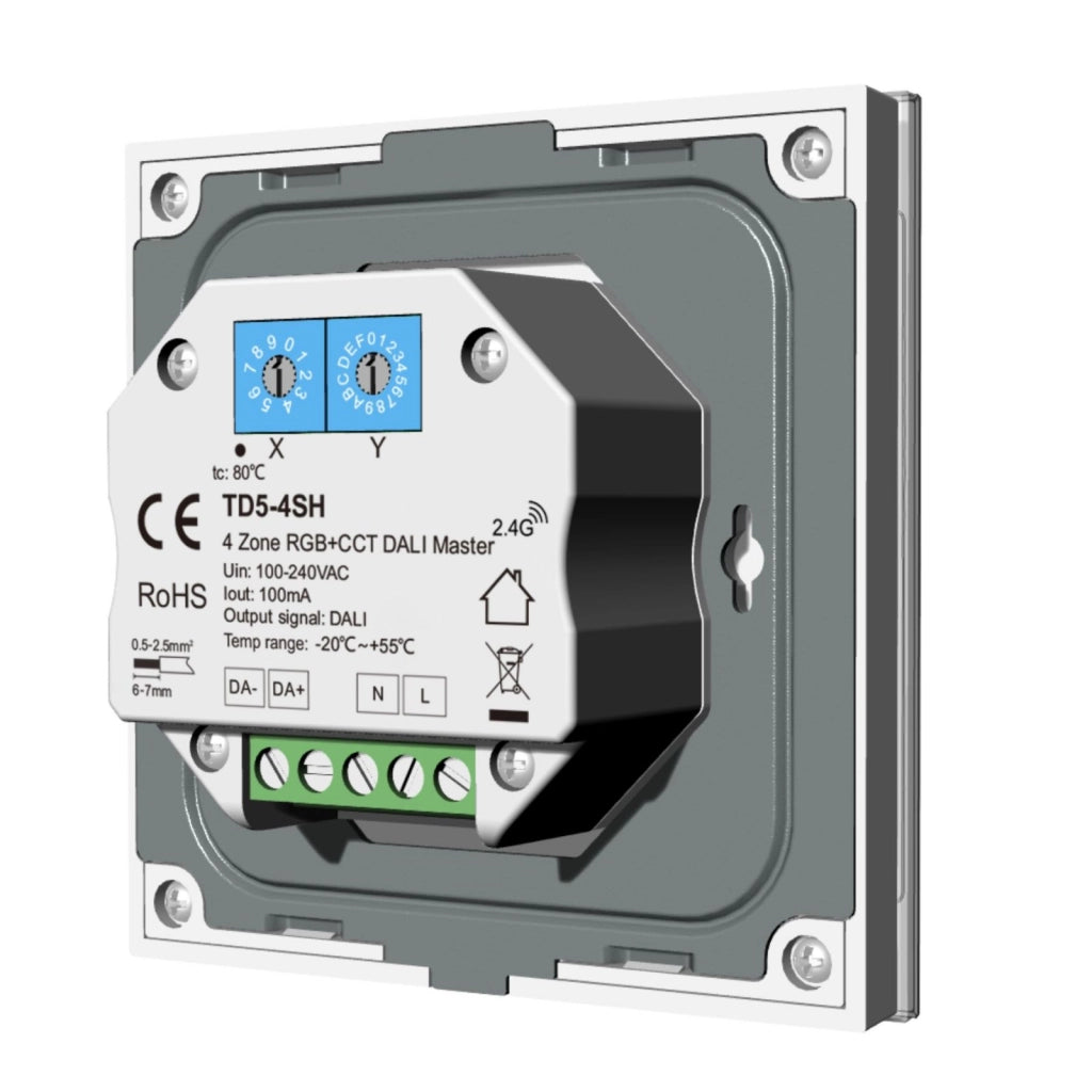 Pannello Touch Master DALI 5 Canali, Alimentatore Bus Integrato, 16VDC Max 100mA, 4 Zone 3 Scene 4 Indirizzi, Touch Slider, 5 In 1 Per DIM CCT RGB RGBW RGB+CCT, 86X86mm Per Scatola 502