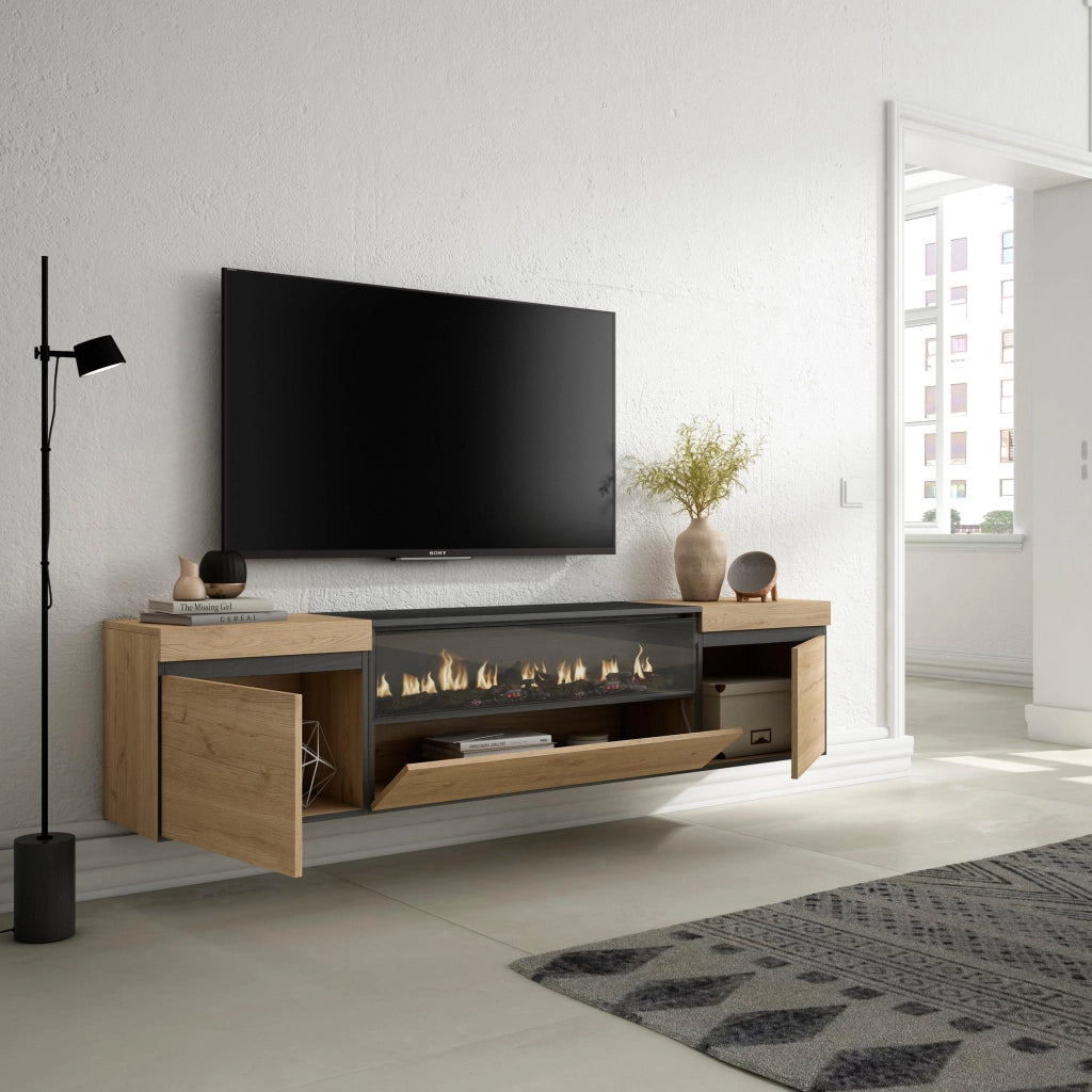 Mobile TV, 200x35x45cm, soggiorno, Per TV fino a 80", Camino elettrico, da appendere, colore Rovere e nero RF2153
