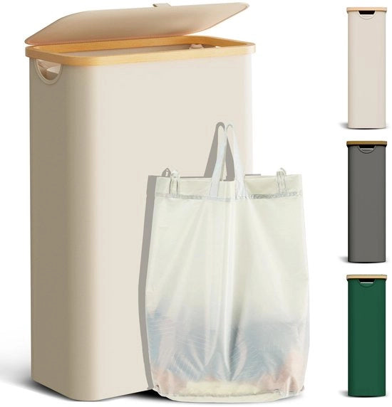 Wascuccia 48L con coperchio Asciugatrice di stoviglie con sacchetto di asciugatura Asciugatrice di stoviglie pieghevole Cassetto di asciugatura in legno di bambù Scatole per asciugatura alte, beige