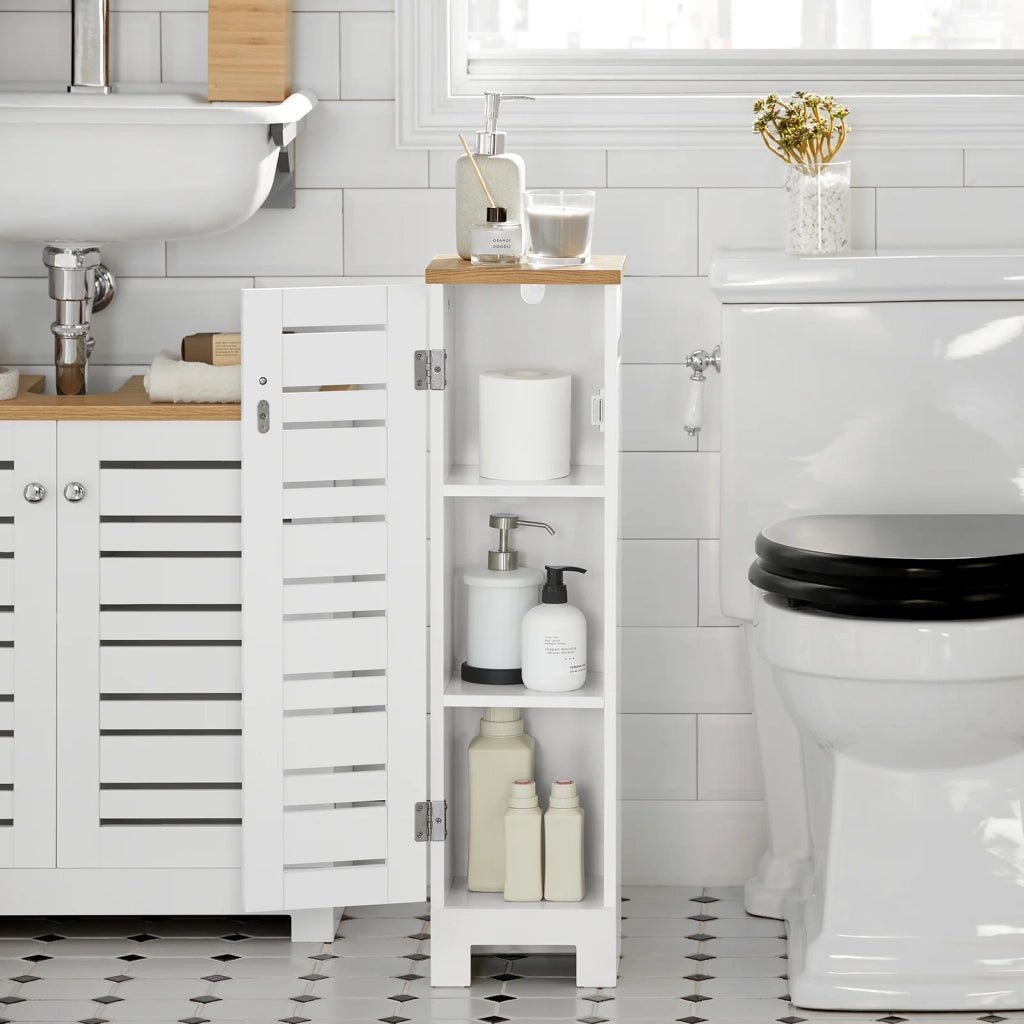 Porta Carta Igienica Colonnina Da Bagno Mobiletto Mobile Bagno Bianco-Naturale 20x18x75cm BZR85-W