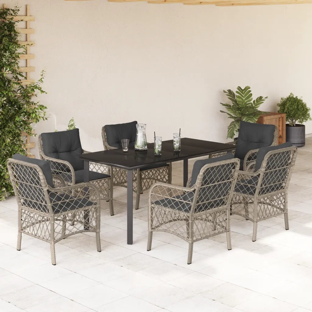 Set da Pranzo da Giardino 7 pz Cuscini Polyrattan Grigio Chiaro