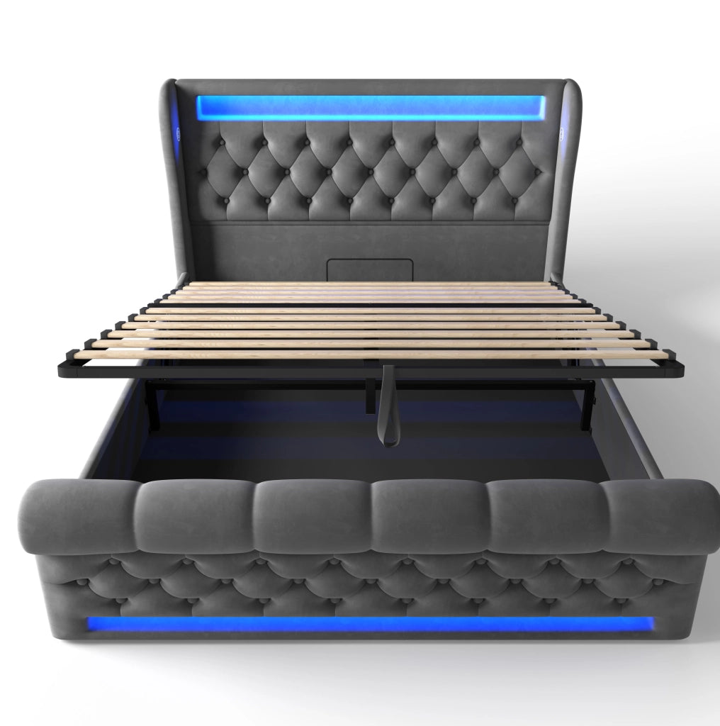 Letto matrimoniale imbottito 160x200 cm in velluto grigio con LED; USB; USB-C e materasso