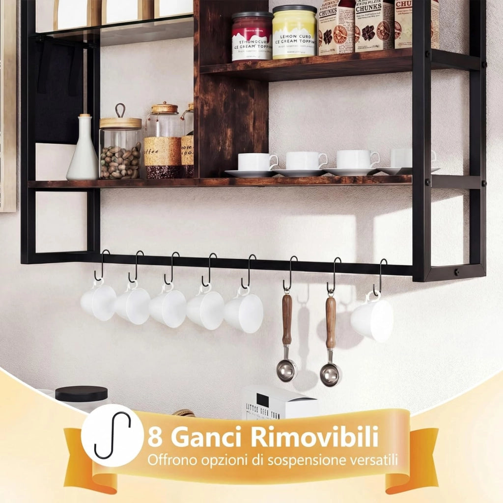 Mensola da Parete 107 cm, Scaffale a 6 Livelli con 8 Ganci a S e Tasca Laterale Rimovibile, Espositori per Bar Cucina Salotto Bagno