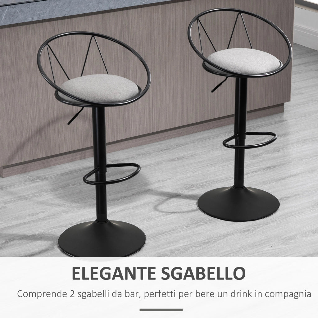 Set 2 Sgabelli Bar con Schienale e Poggiapiedi Altezza Regolabile e Seduta Imbottita Grigio