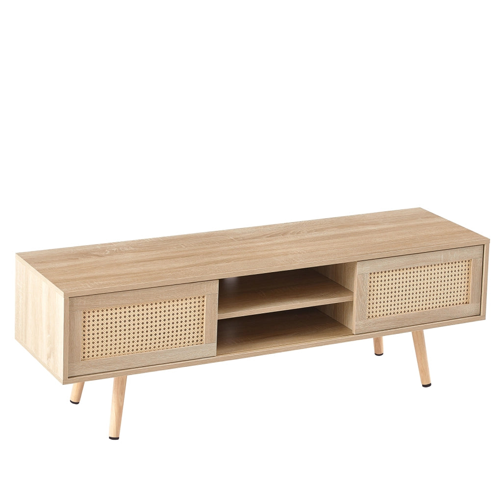 Mobile porta TV in rattan con 2 ante scorrevoli e 3 ripiani, per soggiorno, in MDF, naturale, 140 × 40 × 45 cm