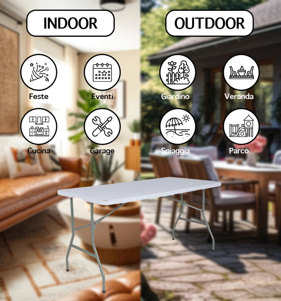 Tavolo Pieghevole Bianco Richiudibile Tavolino Pic Nic Esterno Salvaspazio Camping Terrazzo CamperStruttura In Acciaio Per Feste Giardino Campeggio Vacanze Lunghezza 180 Cm