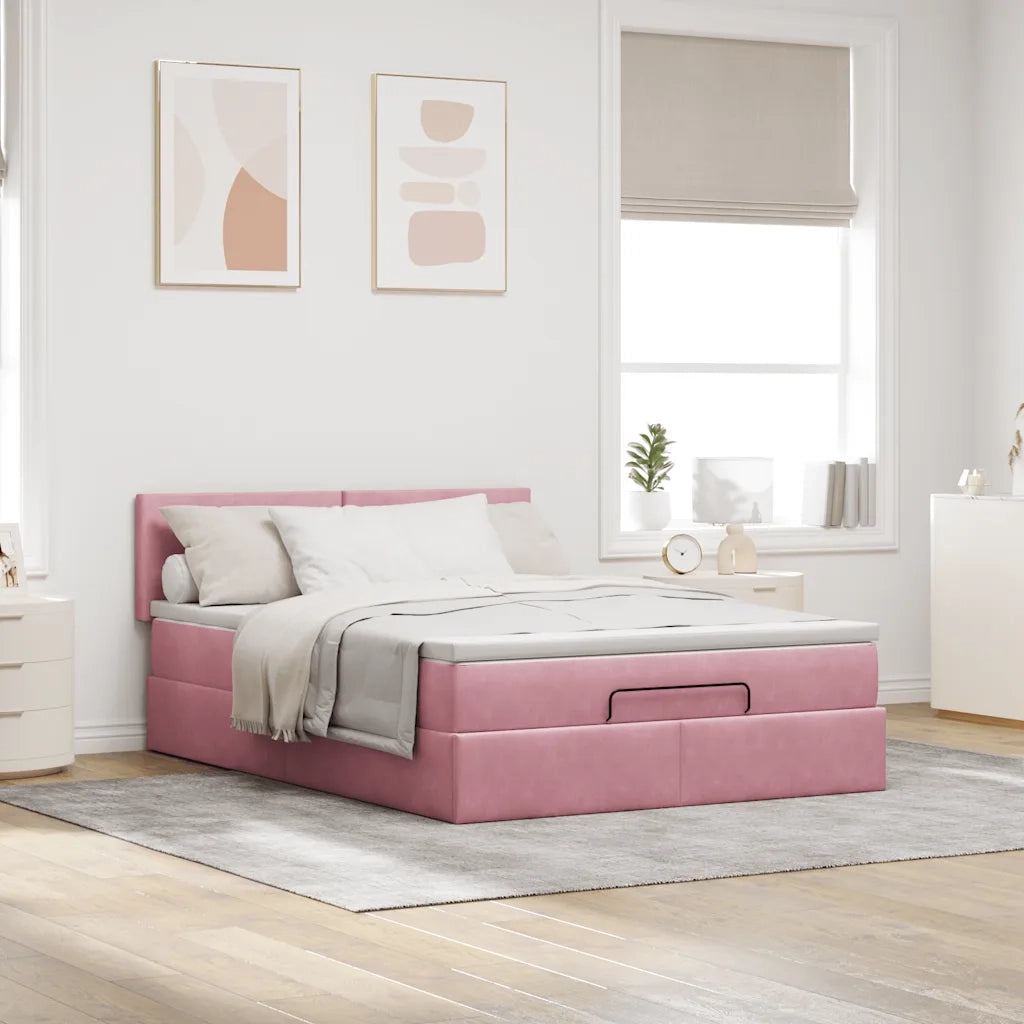 Struttura Letto Pouf con Materasso Rosa 140x200 cm in Velluto 3312559