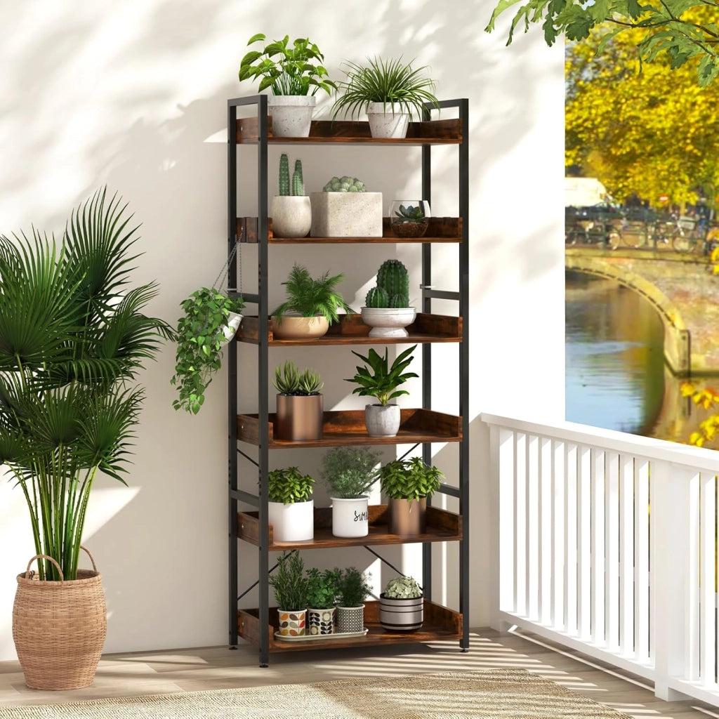 Libreria a 6 Livelli, Scaffale con 4 Ganci, in Metallo, per Soggiorno, Studio, 69 x 34 x 177 cm