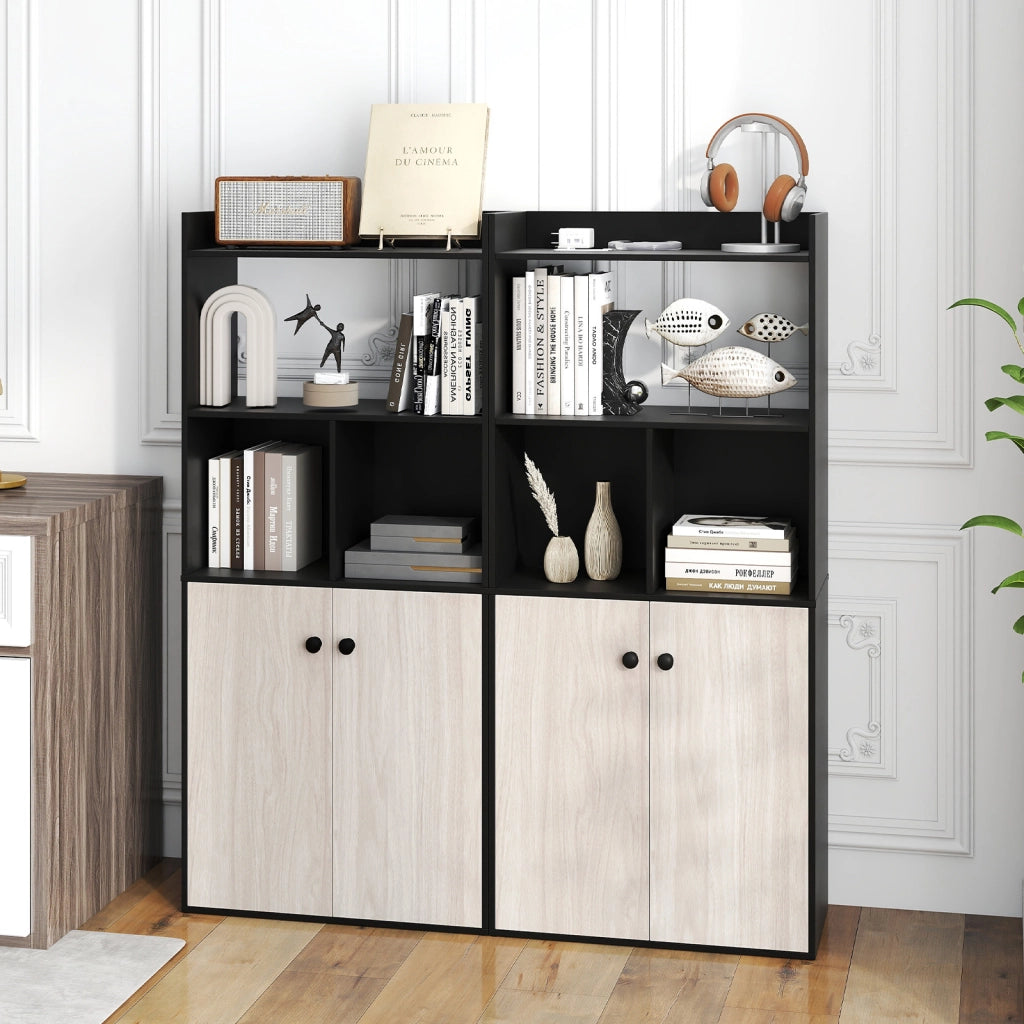 Armadio da 5 ripiani in legno con 2 ripiani aperti 2 scomparti, Libreria alta 140 cm con ante per camera soggiorno studio Marrone