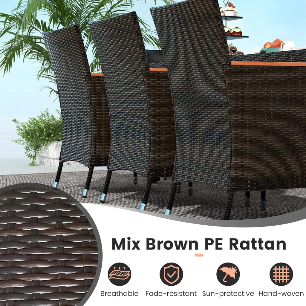 Tavolo e Sedie da Pranzo in PE Rattan, Set di Mobili in Rattan, Set di Mobili Composto da 9 Pezzi, con 8 Sedie e 1 Tavolo, Piano del Tavolo in Acacia, per Interno e Esterno