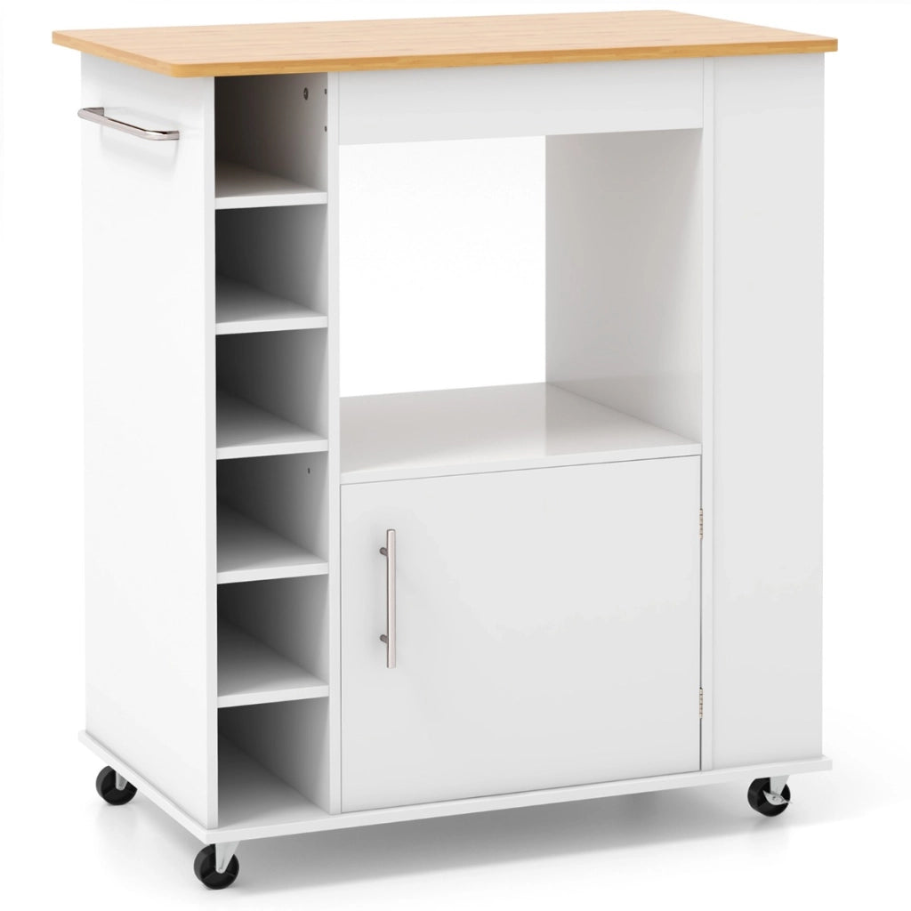 Isola da cucina con ruote e portabottiglie a 6 scomparti piano in bamb¨´, Carrello da cucina 76x44x89cm Bianco-Carrelli