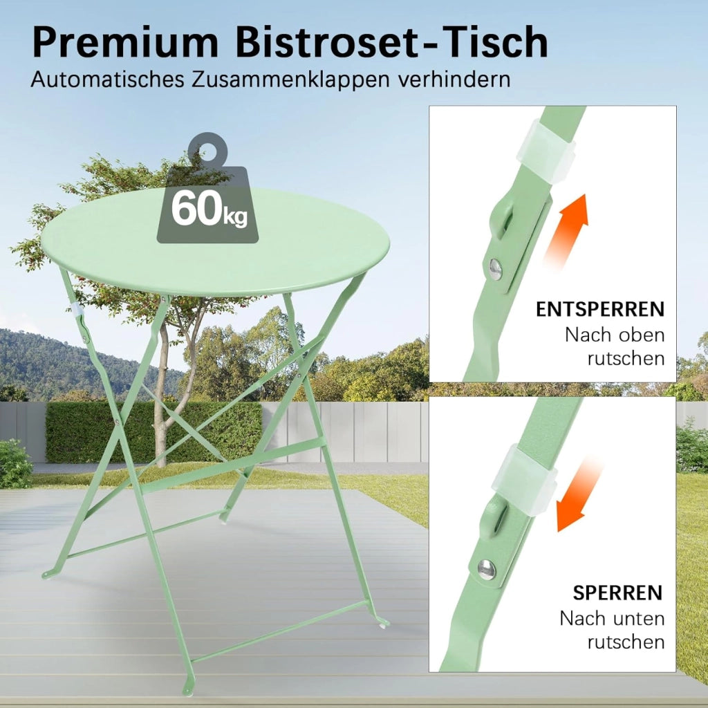 Set da Bistrot Pieghevole 3 Pezzi, Tavolo da Giardino Bistrot in Metallo, 1 Tavolo e 2 Sedie per Piccoli Balconi, Resistente alle Intemperie, per Balcone, Giardino e Terrazzo, Verde