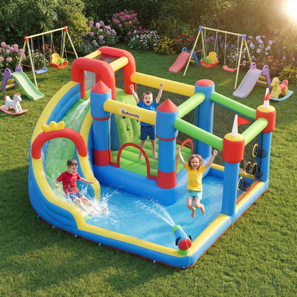 Casetta gonfiabile con scivolo, trampolino e piscina ¨C zephmum ¨C 390x300x197 cm, multicolore