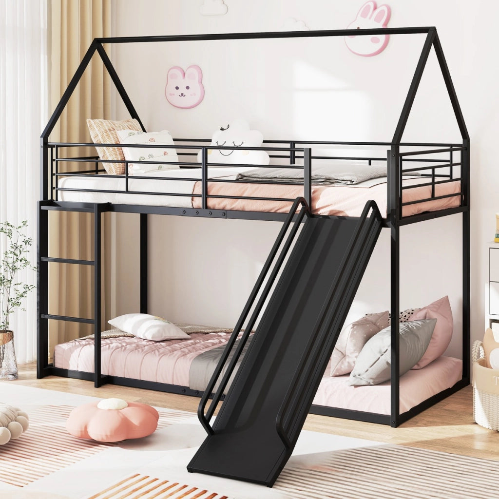 Loft con sponda di sicurezza e tetto di casa con scivolo e scala convertibili, Letto a castello basso doppio letto singolo Nero-Lettini per bimbi
