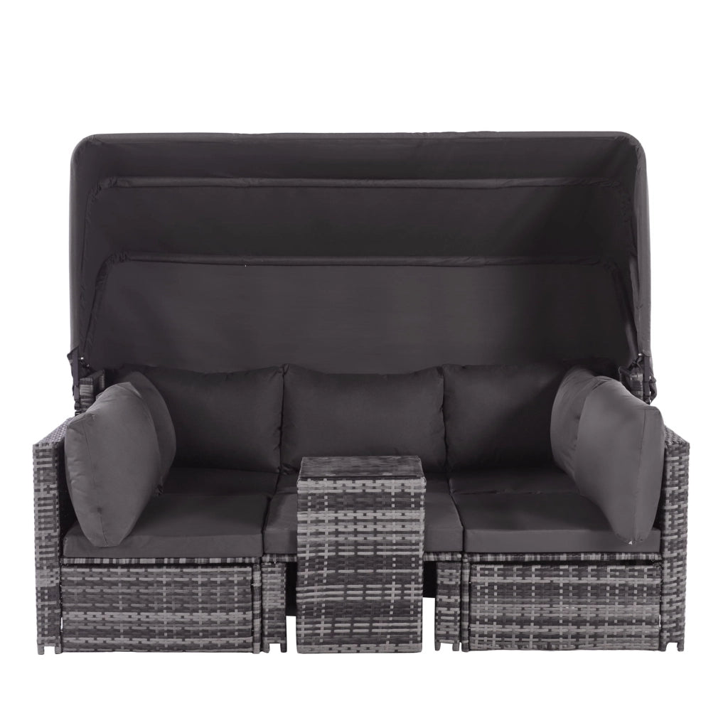Set Divano da Giardino con Polyrattan, Cuscini, Tavolino e Poggiapiedi ¨C MINIMAL ¨C Grigio