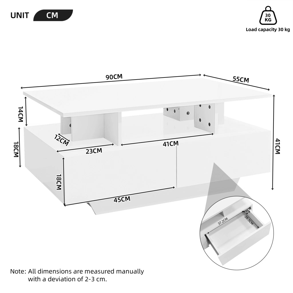 Tavolino basso con 2 cassetti e LED; finitura lucida; per soggiorno; 90 × 55 × 41 cm; bianco
