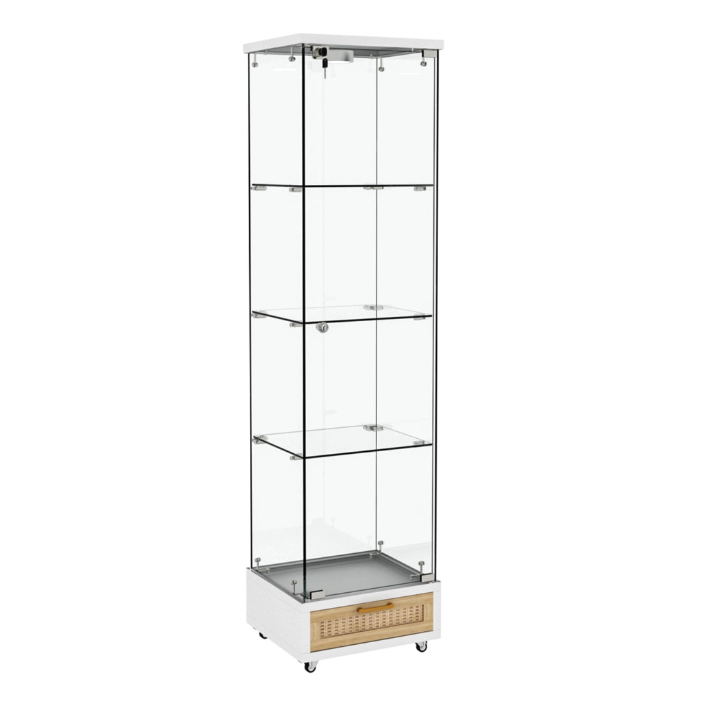Libreria Vetrina con Cassetti e LED ¨C MINIMAL ¨C Bianco, Vetro Temperato, 1 Anta, 4 Ripiani, 42.5x36.5x167 cm