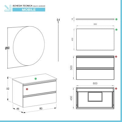 Mobile bagno sospeso 80 cm bianco opaco con top e specchio tondo Master