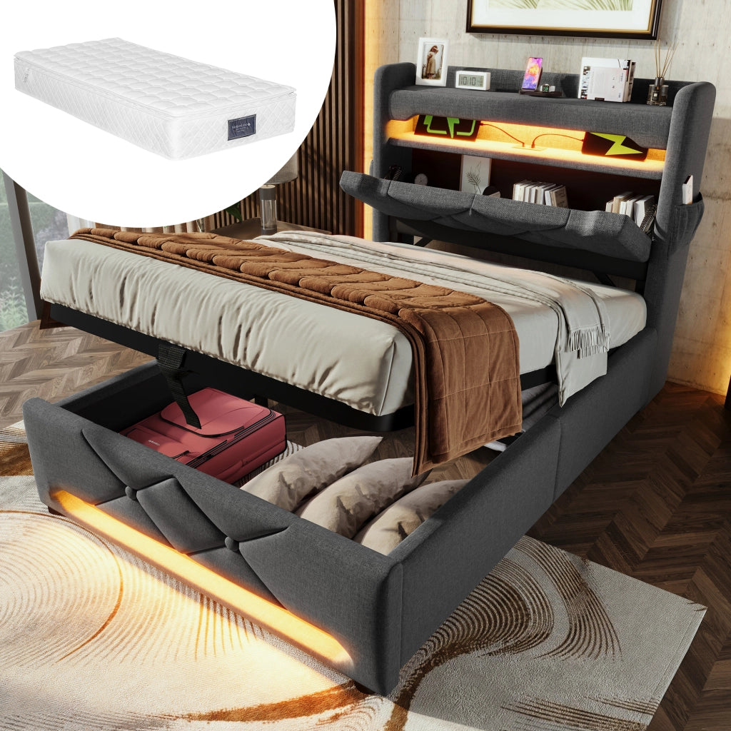 LETTO imbottito 90x200 cm Grigio in lino con materasso incluso