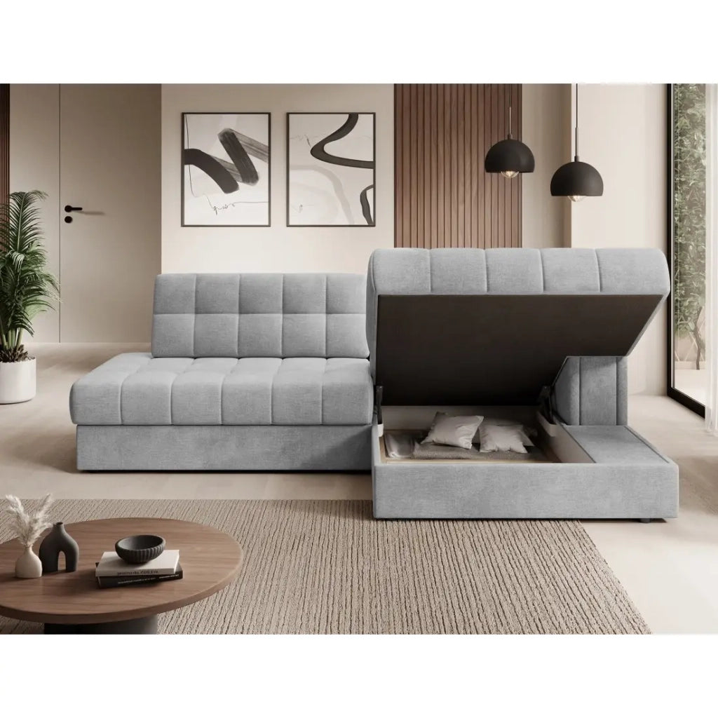 Divano angolare trasformabile CUBITO grigio 240 cm con contenitore e letto