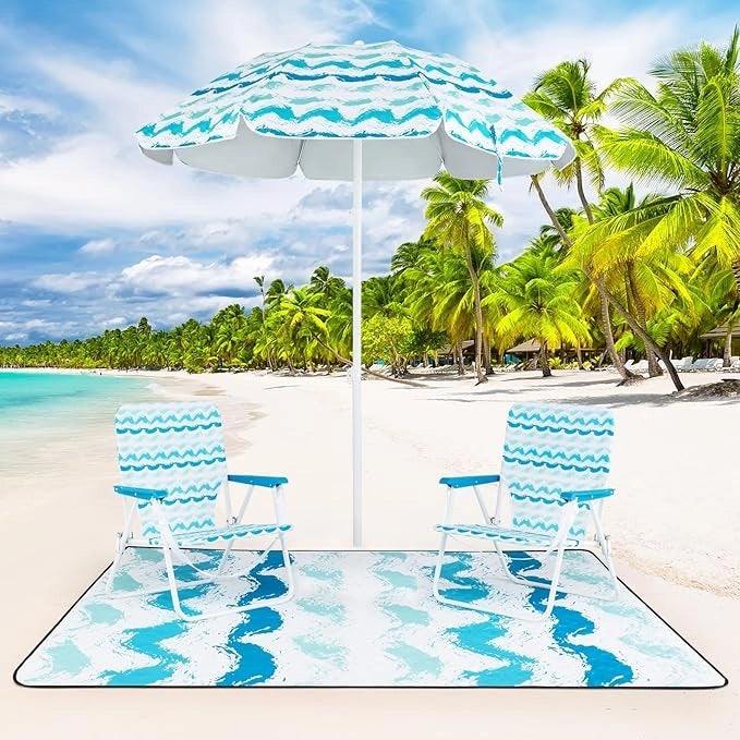 Set da Spiaggia di 4 Pezzi con Ombrellone, 2 Sedie Pieghevoli, Coperta da Picnic, Parasole Portatile per Esterni con Meccanismo di Inclinazione, Portabicchieri, Braccioli