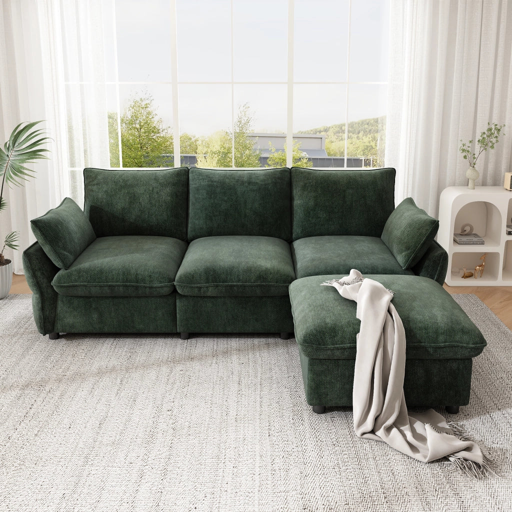 Divano angolare con pouf e 2 cuscini in ciniglia per soggiorno e appartamento verde scuro 222,5 × 154,5 × 76,5 cm