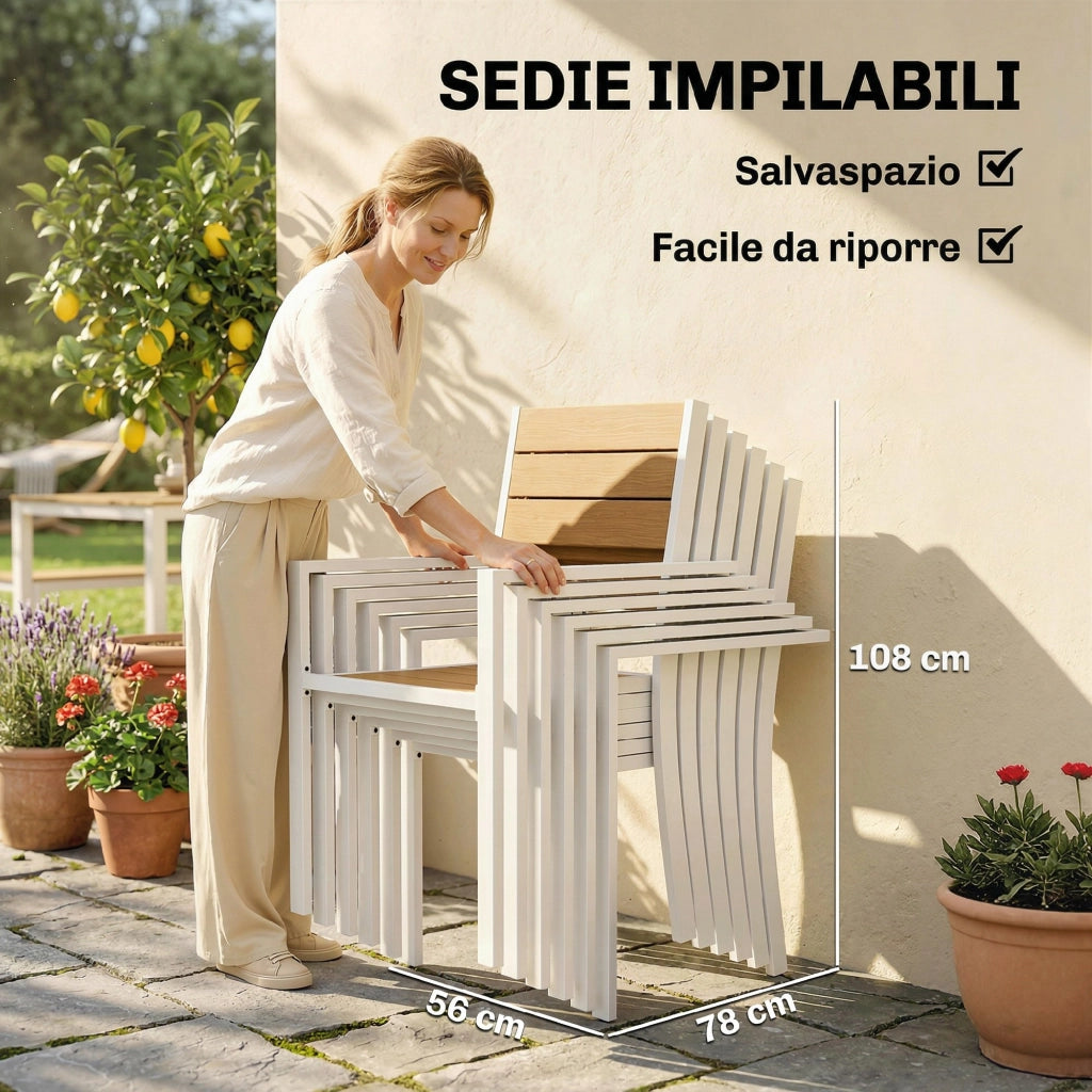Set Pranzo Esterni 7 Pezzi, Tavolo Sedie Impilabili Telaio Alluminio, Teak
