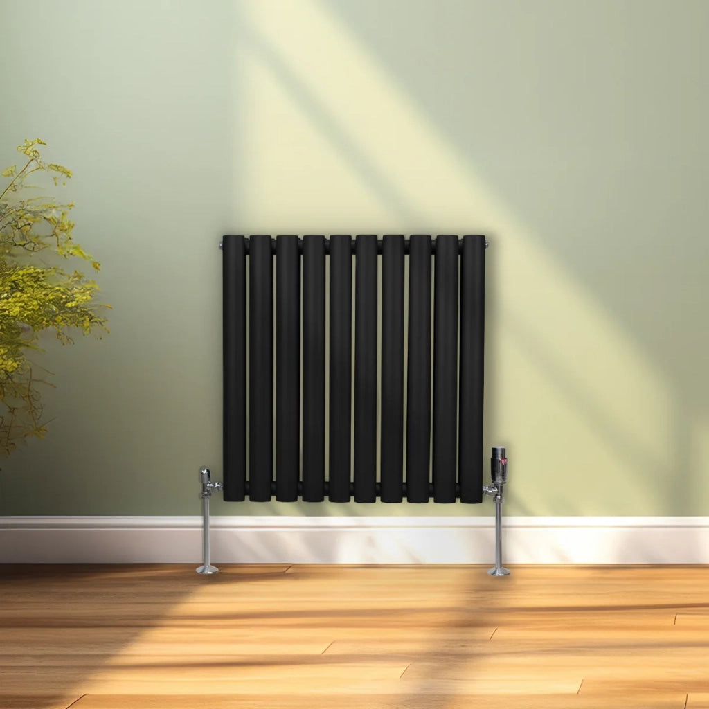 Radiatore a colonna ovale e valvole cromate TRV Designer nero 600 mm x 600 mm