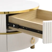 Tavolino 2-in-1 Rotondo in MDF con 1 Piano Bianco e 1 Piano Marrone in Vetro Temperato, Tavolini con 2 Cassetti per Soggiorno, Bianco