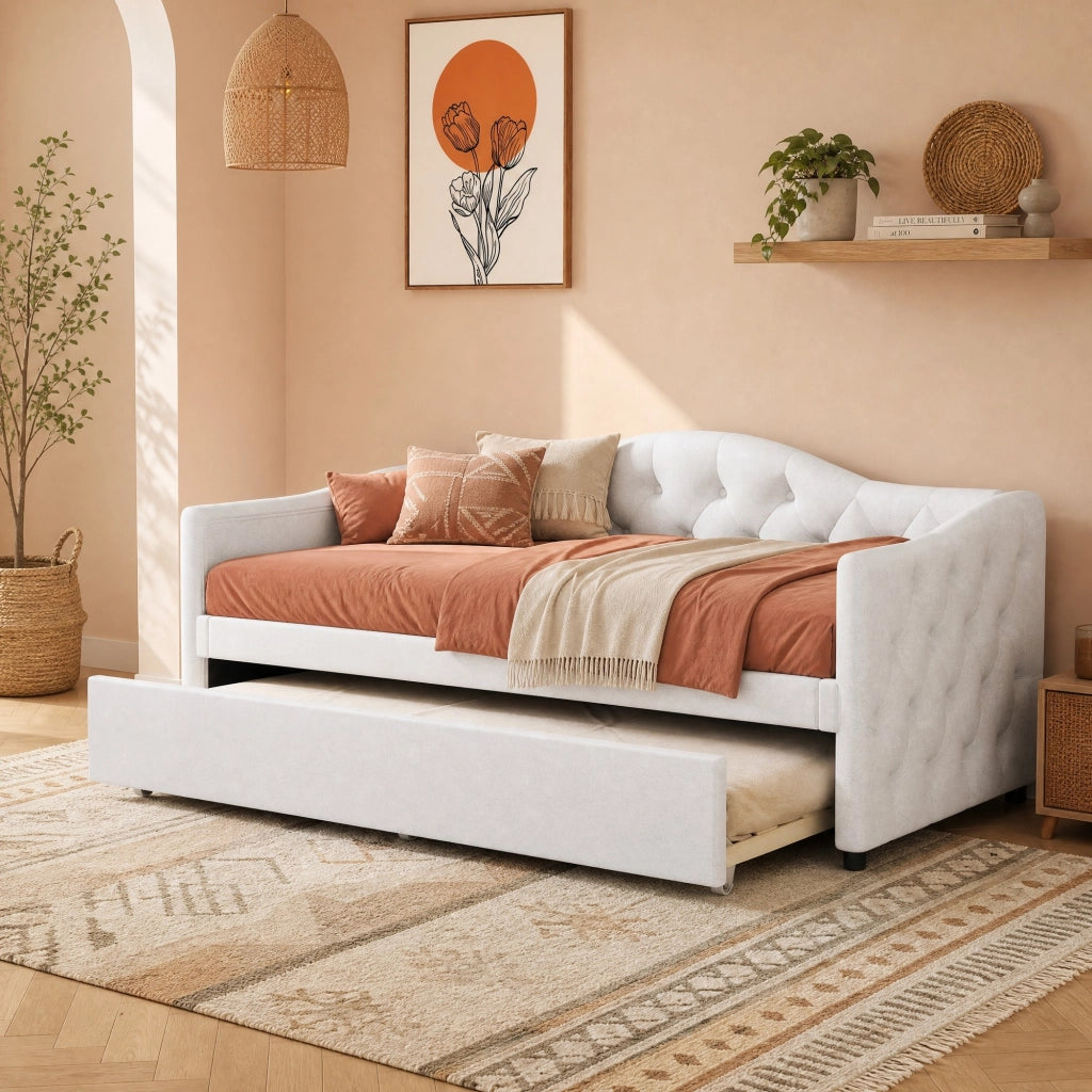 Daybett 90x200 cm con letto estraibile, beige, in lino e MDF