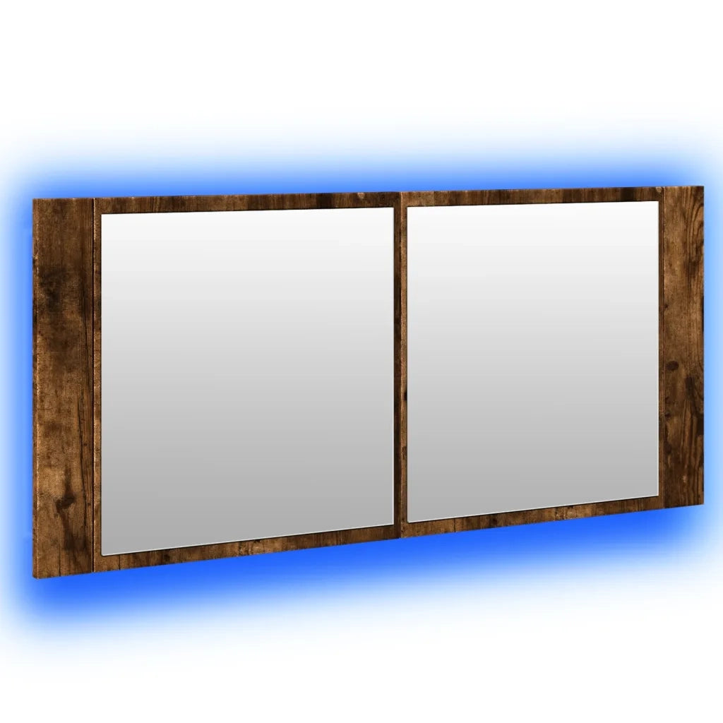 Armadietto a Specchio con LED Rovere Fumo 100x12x45 cm
