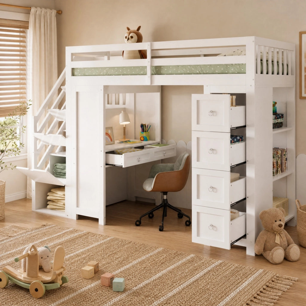 Letto a soppalco per bambini 90x200 cm bianco con scrivania