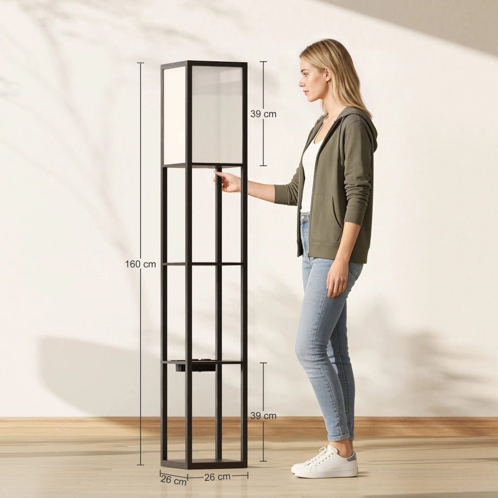 Lampada da Terra 26x26x160 cm Struttura con Ripiani Luce Regolabile Interruttore a Pedale e Porte USB in MDF Nero
