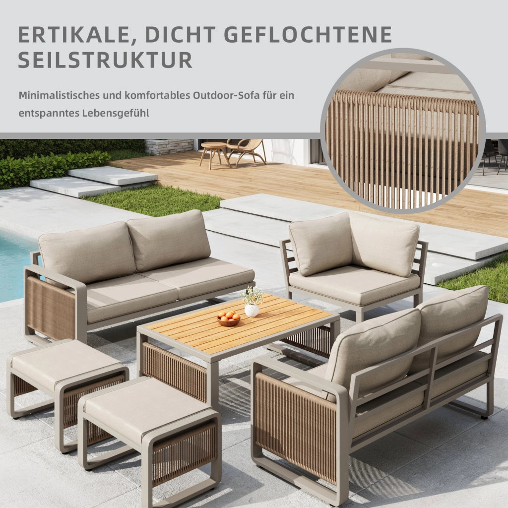 Set poltrone per mobili da giardino set per 6-7 persone divano da giardino in corda intrecciata a mano set d'angolo e poltrona impermeabile in ferro con cuscini morbidi per sedile e schienale piedi regolabili beige