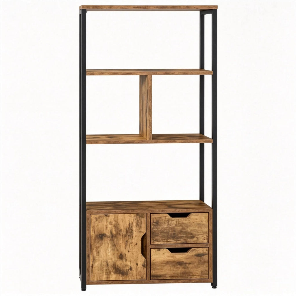 Libreria 58x24x122 cm nera e legno antico, acciaio con mobile e 2 cassetti