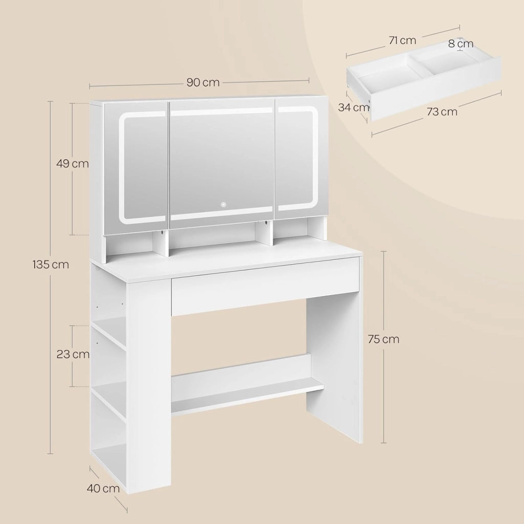 Toeletta con Specchio a LED, Luminosità Regolabile, Postazione Trucco con Scomparti Aperti e Ampio Cassetto, per Camera da Letto, Soggiorno, in Legno, Bianco, 90x40x135 cm