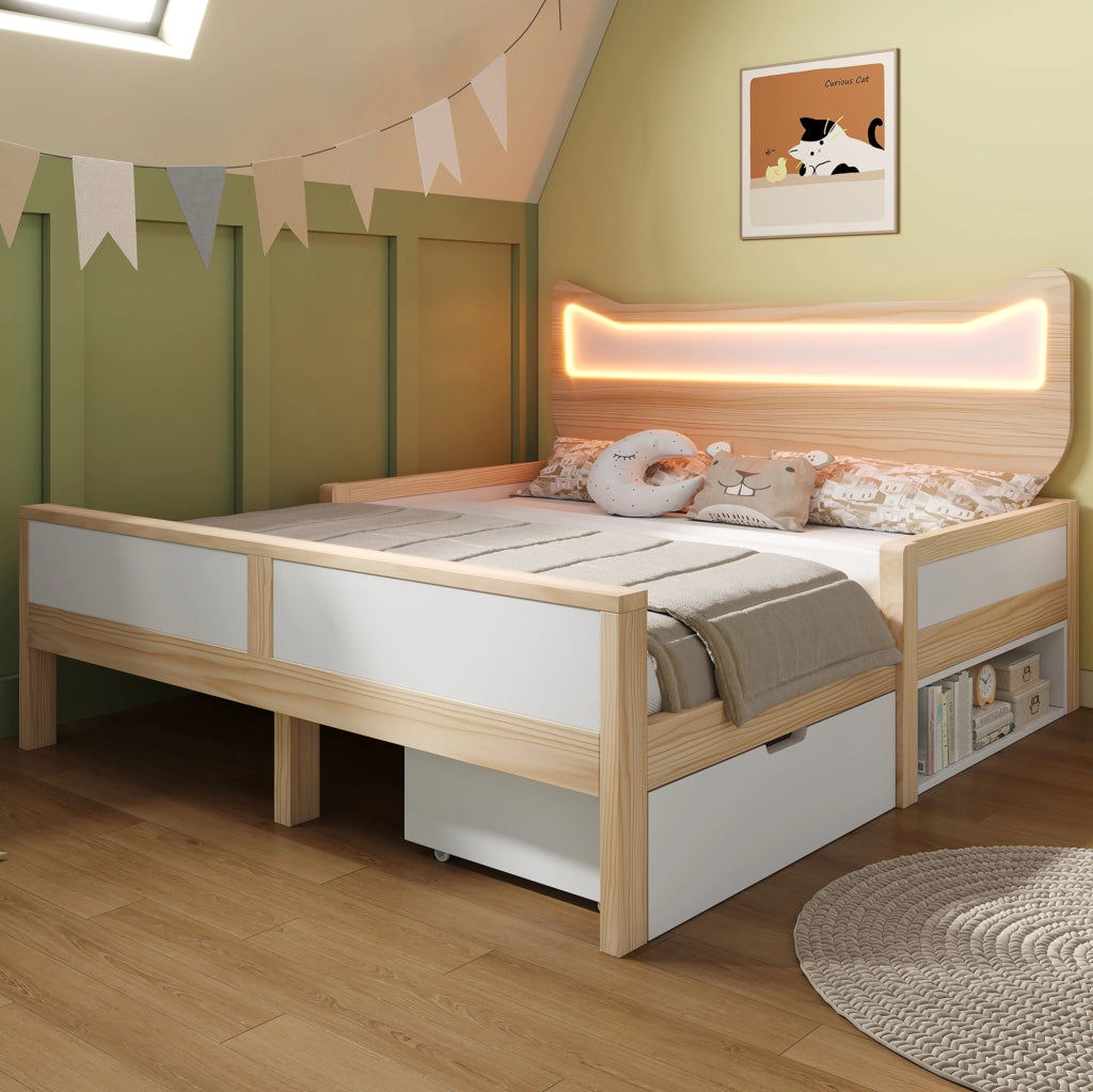 Letto per bambini 140x200 cm con LED RGB, cassetto e vano