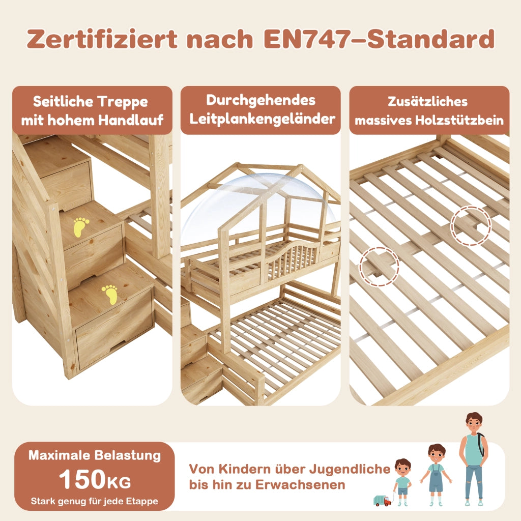 DESMIU Letto a castello bambino 90 × 200 cm e 140 × 200 cm con scala-armadio, senza materasso, in legno, beige