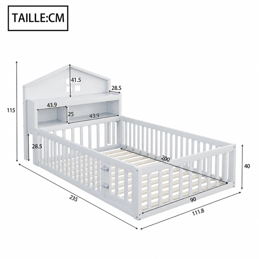 DESMIU Letto per Bambini 90 × 200 cm 1 Posto con Sponda, Porta e Ripiani, senza Materasso, in Legno Massello, Bianco