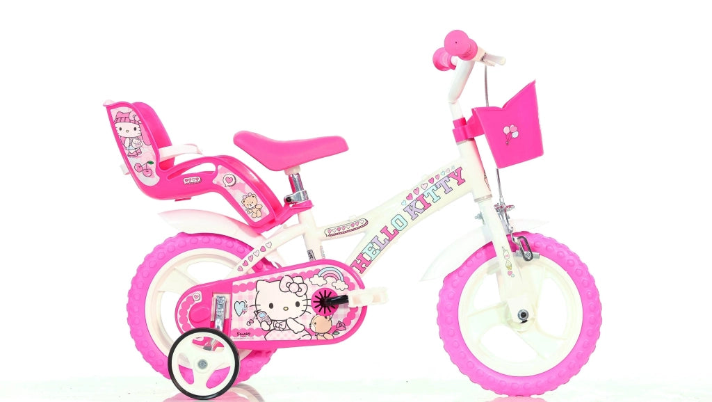 HELLO KITTY 12", bicicletta per bambini, adatta a bambini tra i 3 e i 5 anni, per altezza tra 85 e 105 cm, cestino, trom