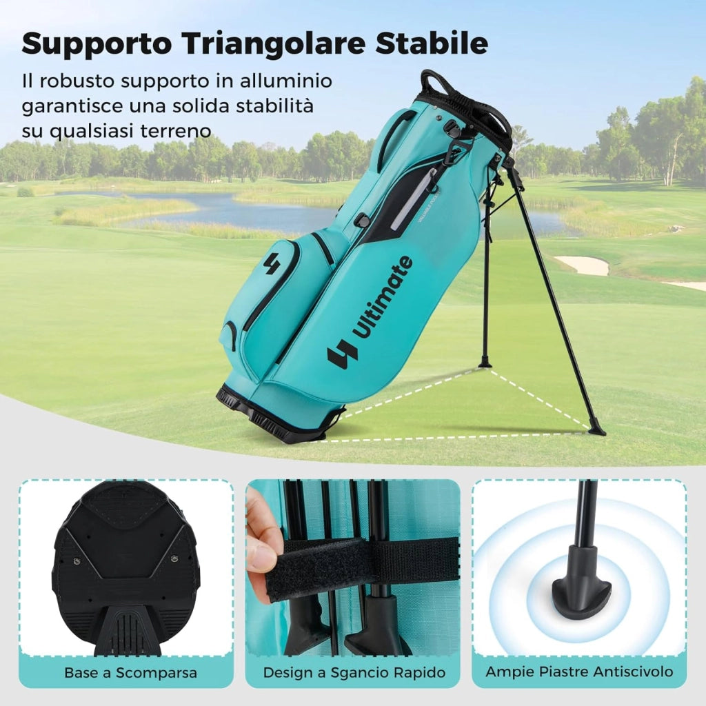 Borsa da Golf con Divisori Superiori a 8 Vie & 5 Tasche con Cerniera, Tracolla Regolabile a Doppia Spalla, Cappuccio Antipioggia e Portombrelli, Sacca da Golf per Donna e Uomo