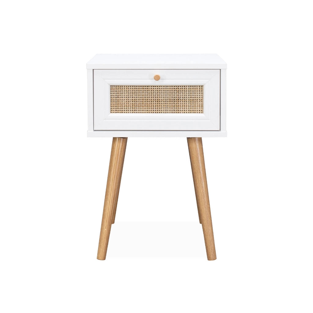 Comodino effetto legno e intrecciatura cannage, 1 cassetto, bianco