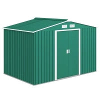 Casetta da Giardino 4.9 m² con Fondazione, 4 Prese d'Aria e 2 Porte Scorrevoli, Capanno Porta Attrezzi in Lamiera d'Acciaio, 277x195x192 cm, Verde Scuro