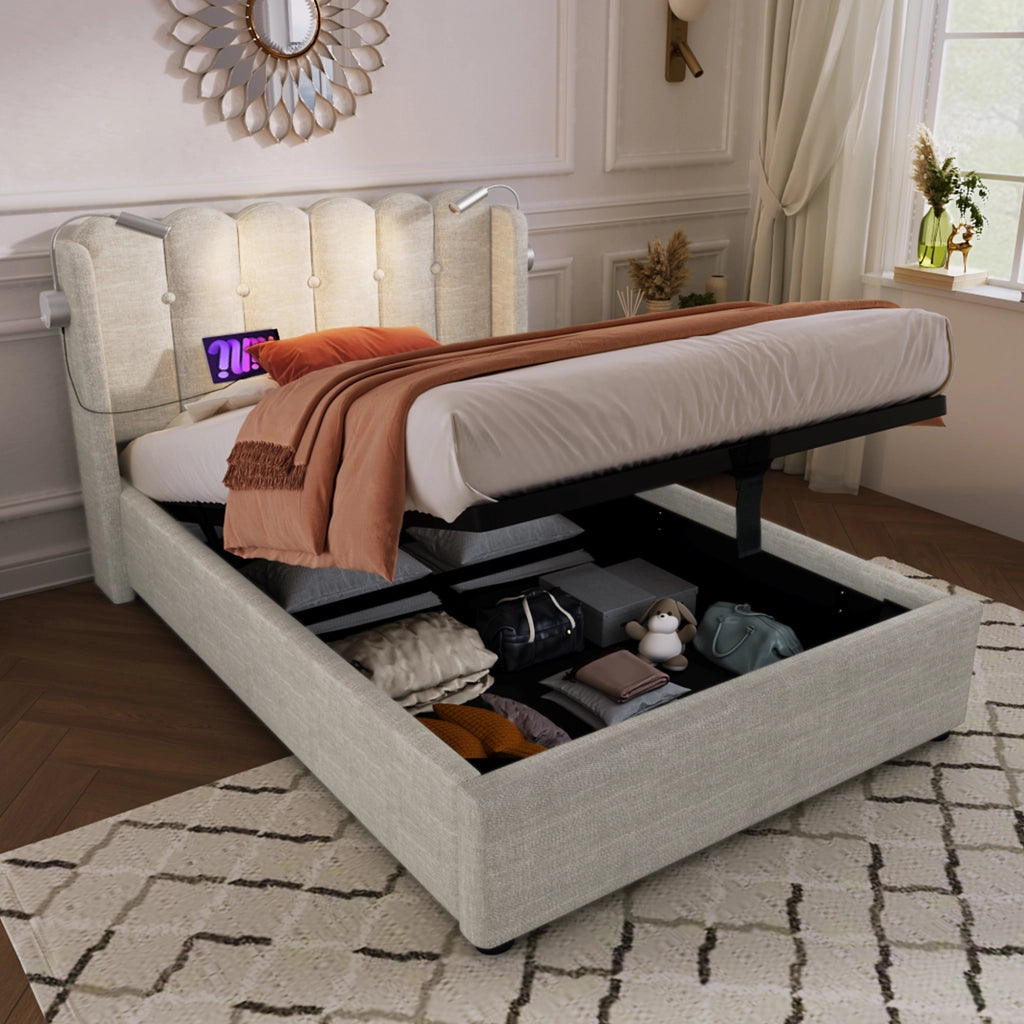 LETTO Contenitore 90x200 cm in lino beige con materasso incluso, luce da lettura e USB