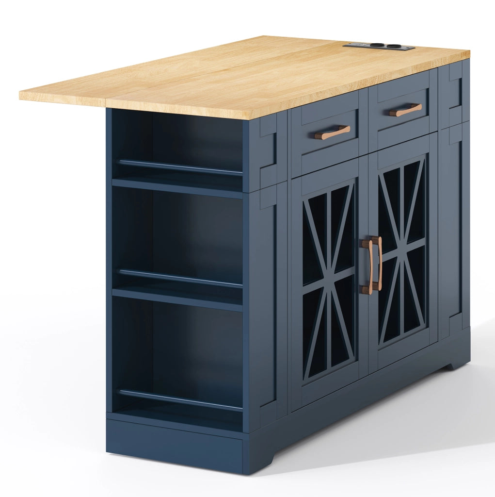 Carrello isola cucina 120x40(65)x92 cm con piano pieghevole e prese integrate in MDF blu e neutro