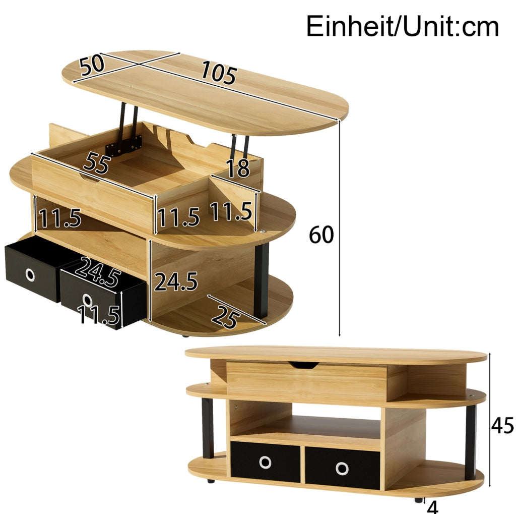 Tavolino da salotto con funzione sollevabile 105 x 50 x 45/60 cm; effetto legno e nero