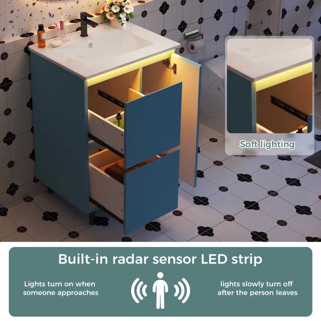 Mobile sottolavabo con lavabo in ceramica 1 anta e 2 cassetti per bagno in MDF e ceramica blu 61 × 46,5 × 87 cm