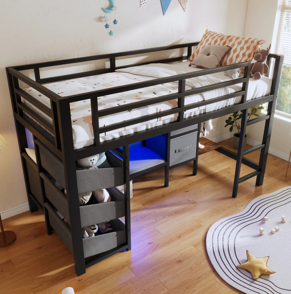 Letto a mezza altezza 90x200 cm in metallo nero con LED, cassetti e tasche